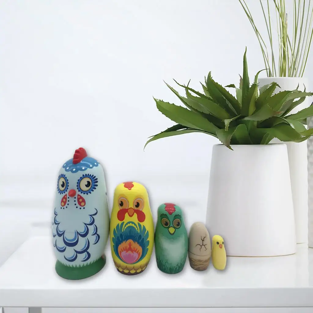 5Pcs Handmade Russian Nesting Dolls Wooden Dolls Chicken Dolls for