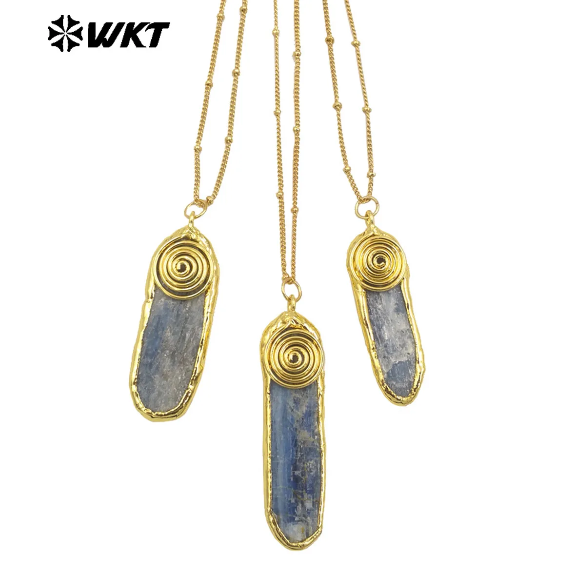 WT-N1466 Amazing Special Hand Craft Gold Plated Randomly Shape Natural Raw Blue Kyanite Pendant Necklace In 10PCS