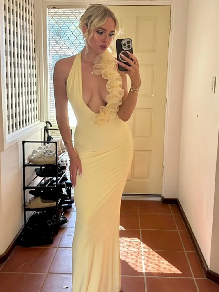 

Women Yellow Halter Long Dress with Mesh Ruffled Floral Detail Sleeveless Backless V-Neck Poolside Party Holiday Birthday Gown