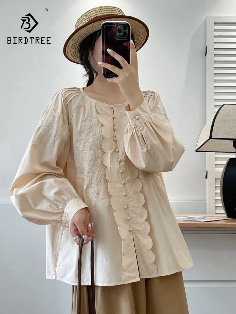 2025年秋新作 コットンランタン袖シャツ レディース Oネック 刺繍フリル 森ガール フレンチOL 通勤 ルーズブラウス T5N255CC