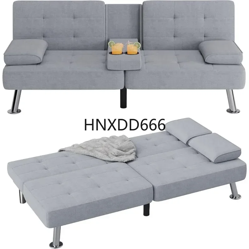 

Flamaker Futon Sofa Bed Modern Folding Futon Set Linen Fabric Convertible Recliner Lounge for Living Room with 2 Cup Holders