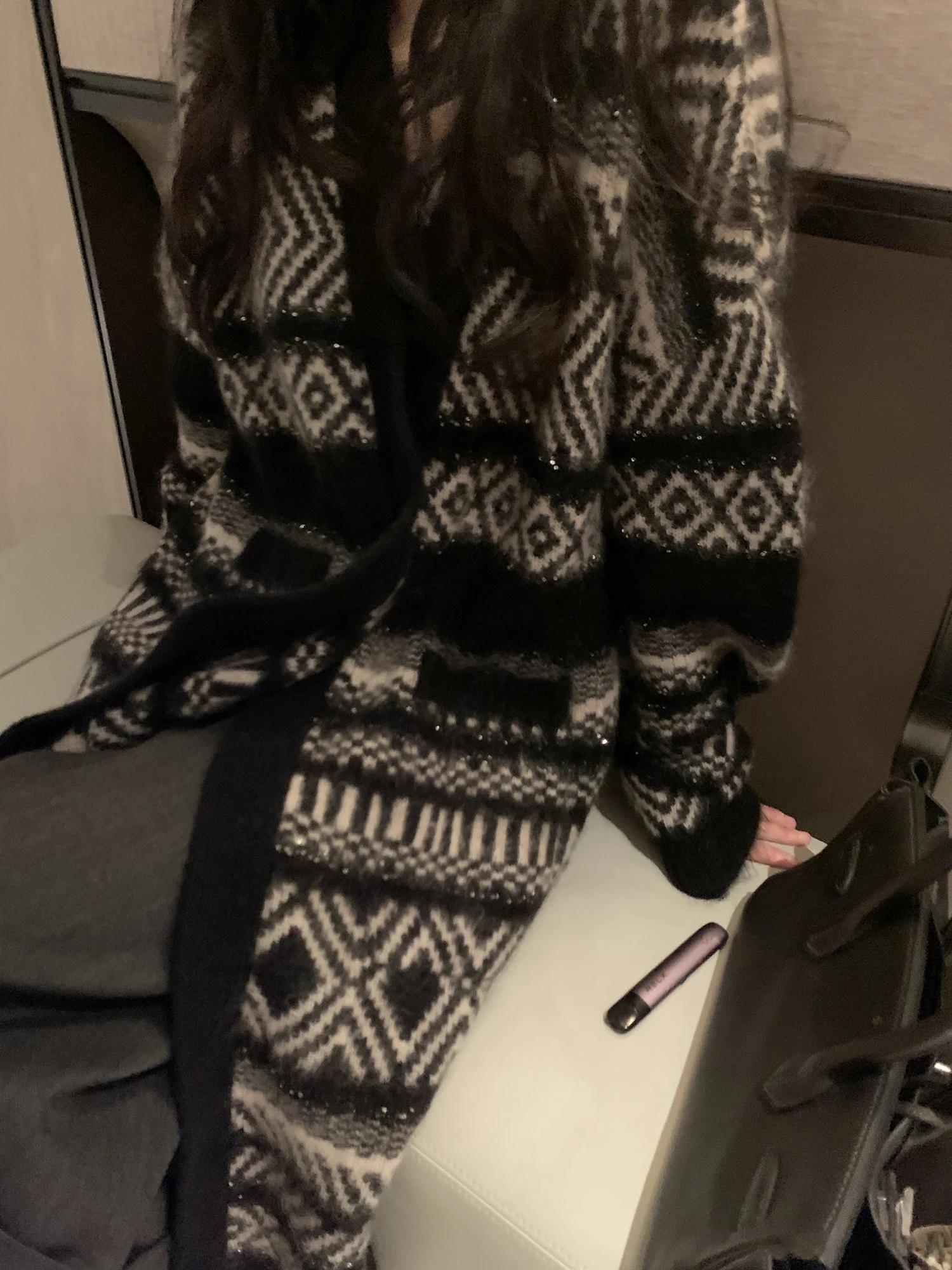 

Lu Knitted Long Cardigan ASM ANNA Lazy Sle Aosphere Young Long Bead awl Knitwear V-ne Warmth Spring Autumn Wi...