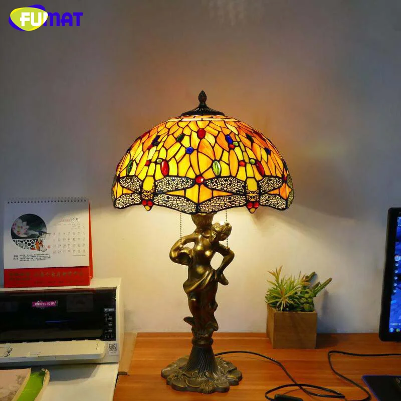 

FUMAT Tiffany style colored glass American goddess resin base retro table lamp for living room dining room bedroom LED decor