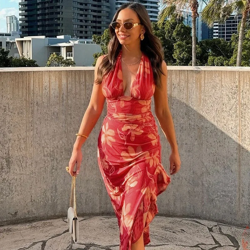 Women's Summer Deep V-neck Halter Chest Dress Patchwork Exposed Silm Waist Dresses For Women