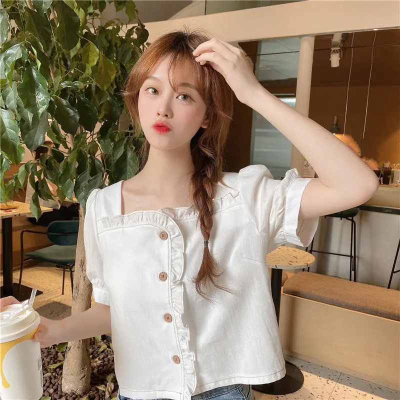 New Woman Summer Short Sleeve Shirt 2024 Girls Sweet Square Collar Laciness Blouse Female Elegant Short Sleeves Shirt Short Tops