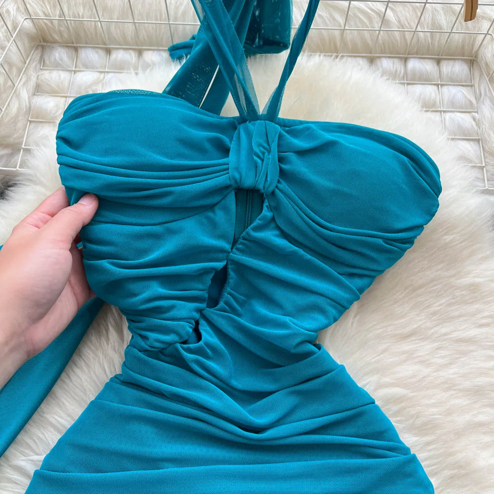 Chic vintage Impiombato scava fuori halter Elegante fata moda coreana Boho Vestito estivo abbigliamento donna Abito lungo