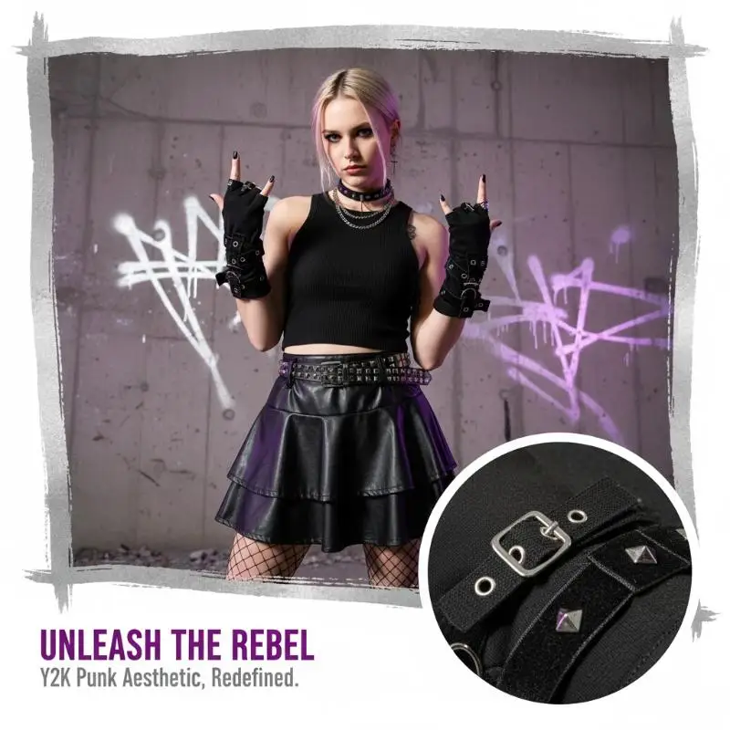 Schwarze, fingerlose Punk-Handschuhe mit silbernen Nieten und verstellbarer Schnalle für Halloween, Cosplay oder Rockpartys. – Detail 5