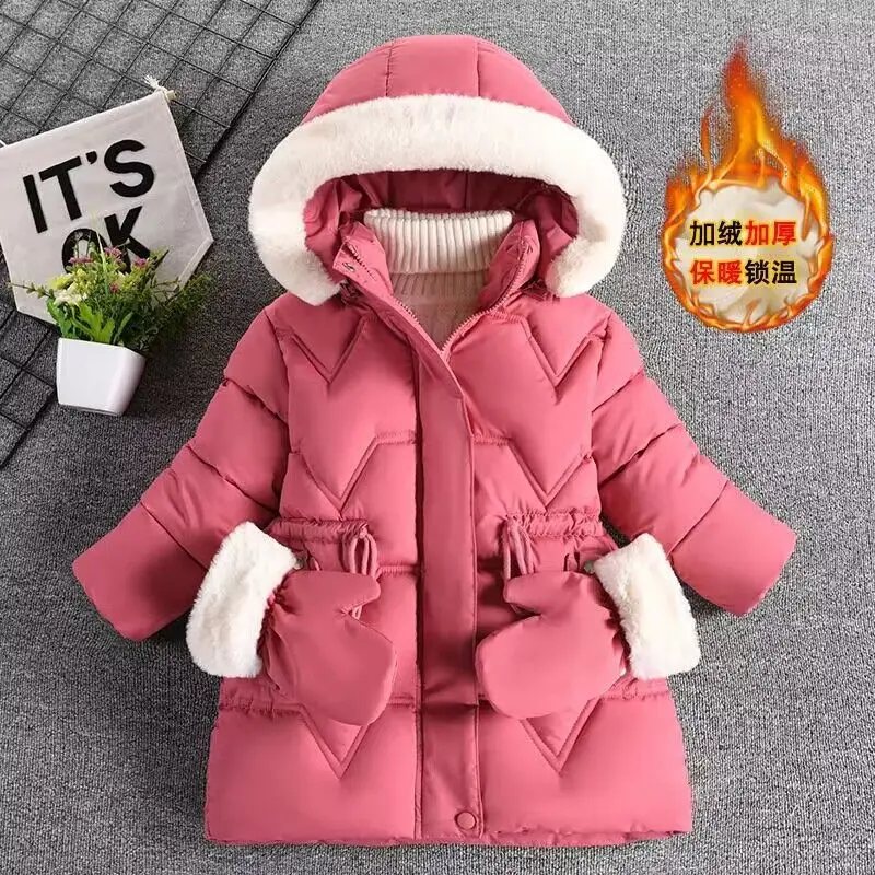 

Winter New Long Style Girls Jacket Solid Color Lining Lamb Wool Thick Hooded Outwear For 4-8Y Girls Warm Cotton Coats With Glove