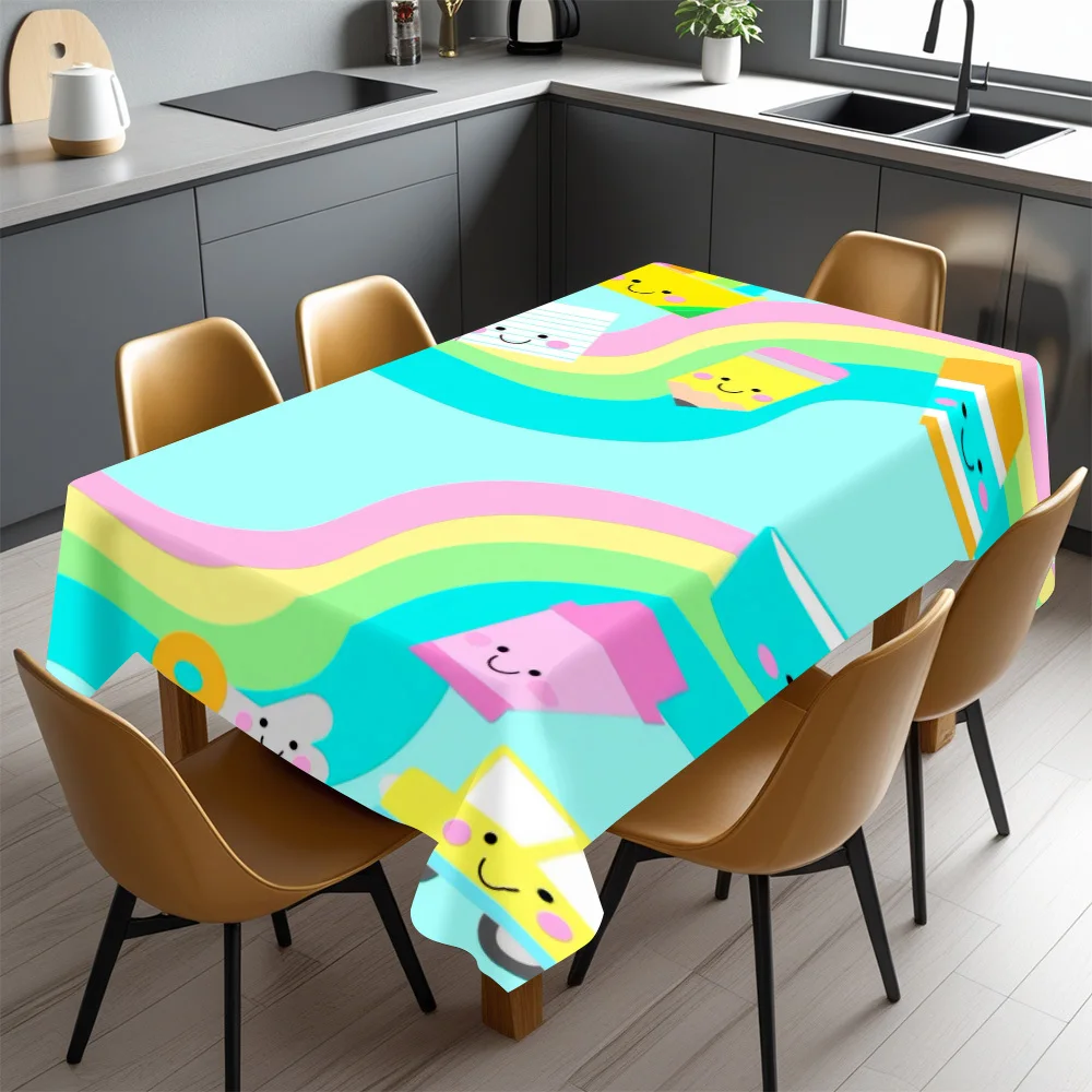 Kids Art Tablecloth,Bright Cyan Cute Cartoon Stationery & Rainbow Pattern,Waterproof Table Cover,Lovely Home Interior Decoration