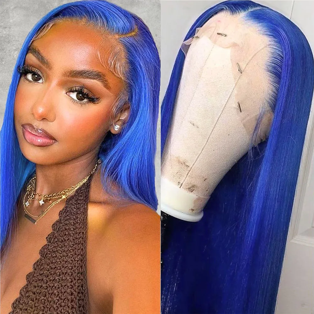 13x4 Lace Front Wig Deep Navy Blue, 24-Inch Straight Synthetic Hair, Pre-Plucked Natural Hairline, Glueless for Daily/Cosplay