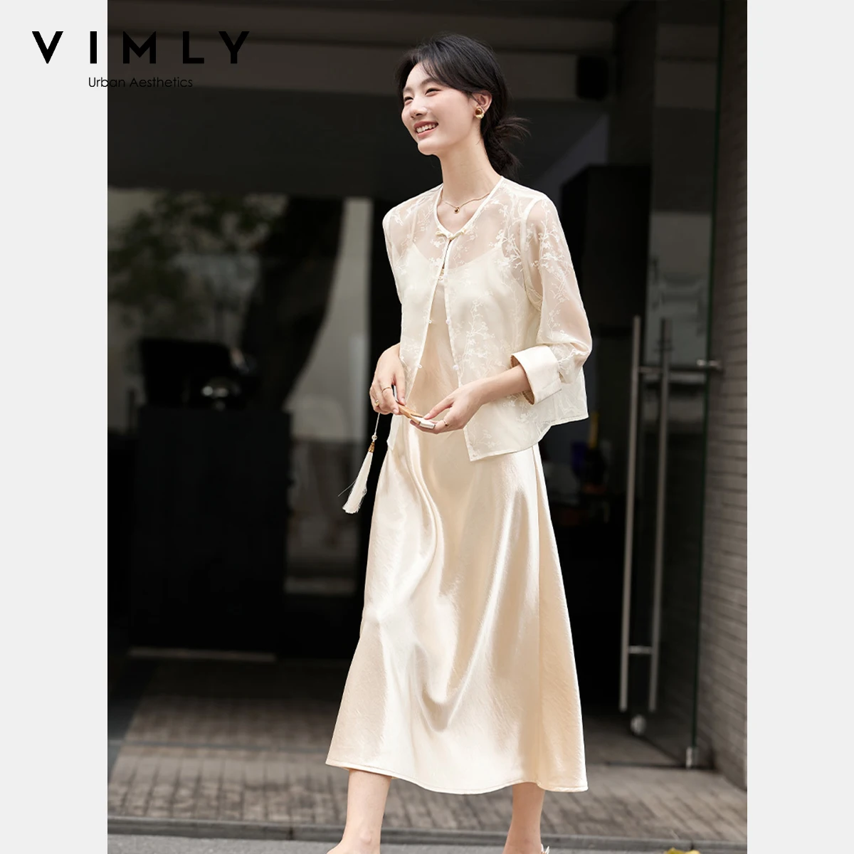 Vimly conjuntos de vestido de duas peças feminino estilo chinês manga longa impressão floral jaqueta longa suspender vestidos de cetim 2025 outono a2683