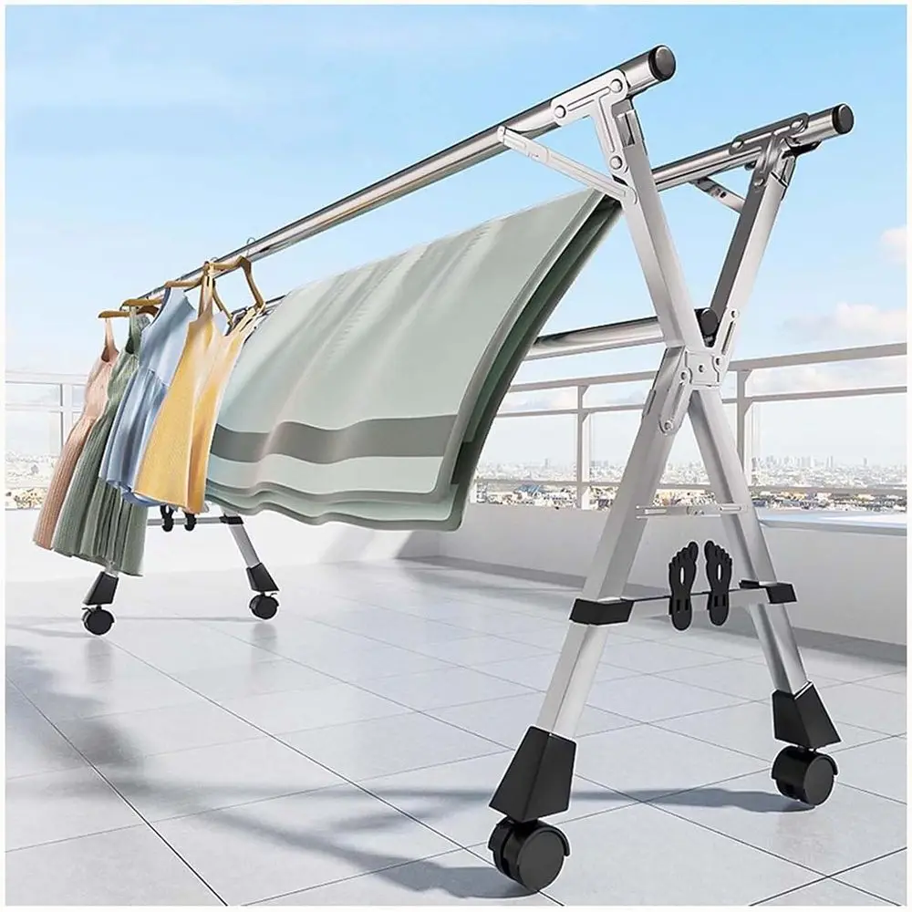 

Регулируемая складная сушилка для белья из нержавеющей стали для использования в помещении, с 4 колесами, 20 крючками и 12 зажимами, 240 см/95 дюймов