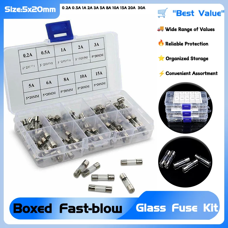 

Household Assorted Car Glass Tube Fuses Kit Boxed Fast-blow Glass Fuse 250V 5x20mm 0.2A 0.5A 1A 2A 3A 5A 6A 8A 10A 15A 20A 30A