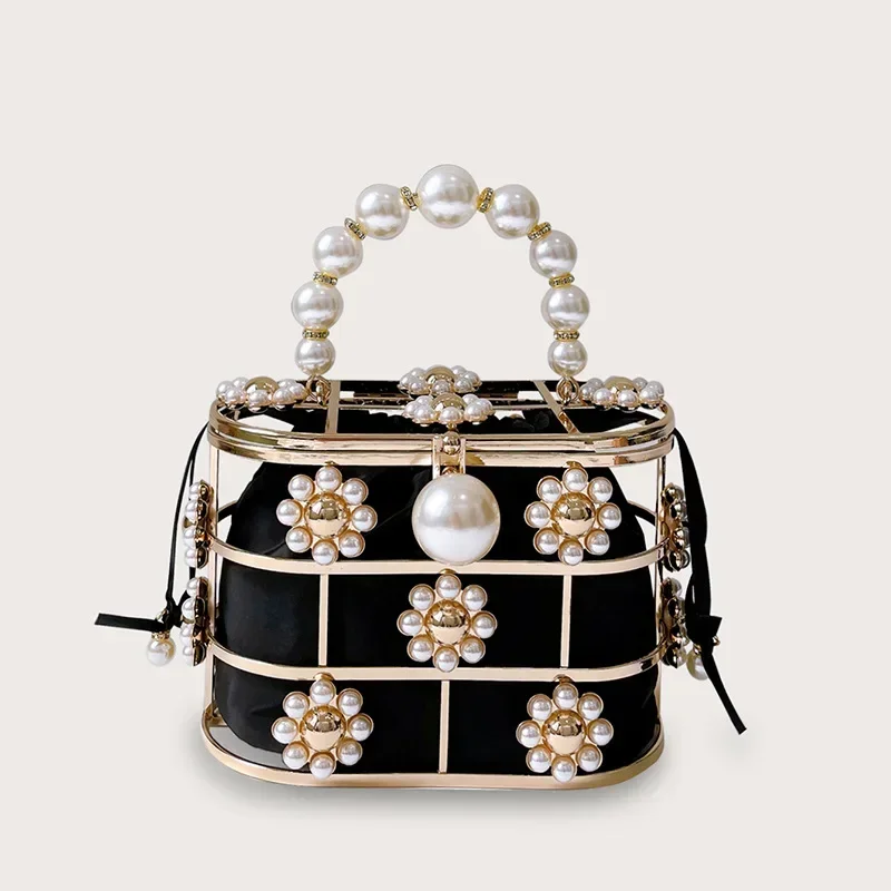 Bolso de mano de lujo para mujer, bandolera de perlas, bolso de mano de diamante metálico, bolso de noche de gran capacidad, bolso de boda