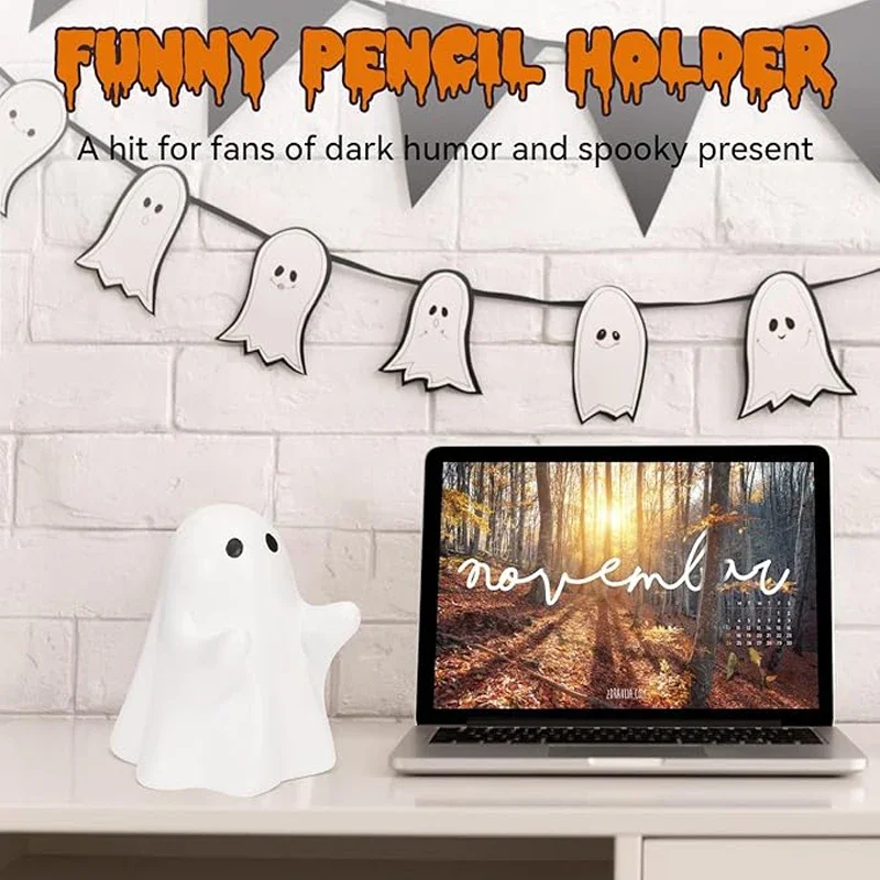 1PC Halloween Ghost Pen Holder, Little Ghost Statue Design, Cute Pencil Support for Home Office Desktop Decoration