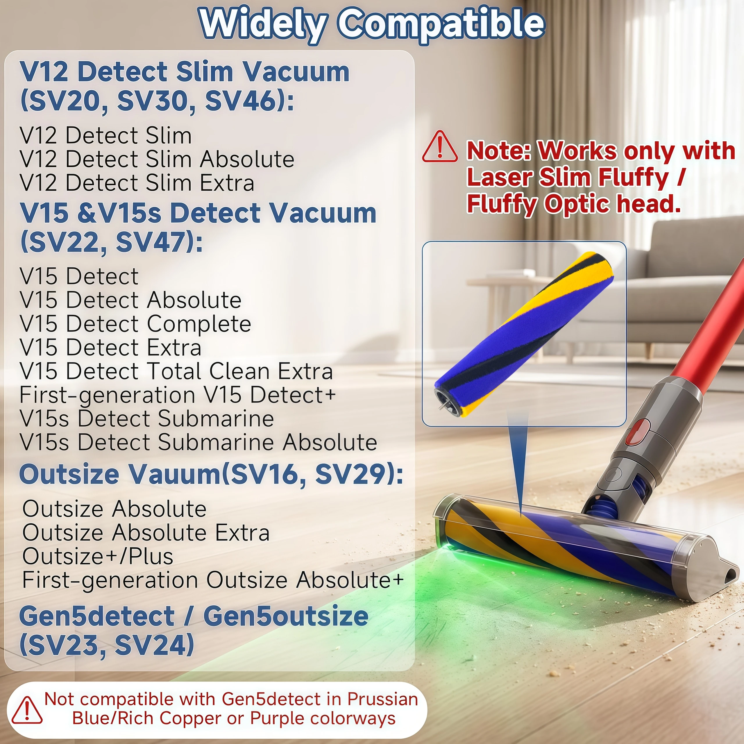 Laser Slim Fluffy Brush Bar Replacement for Dyson V12 Slim V15/V15s Detect Gen5 and Outsize Series Vacuum Cleaners Soft Brush