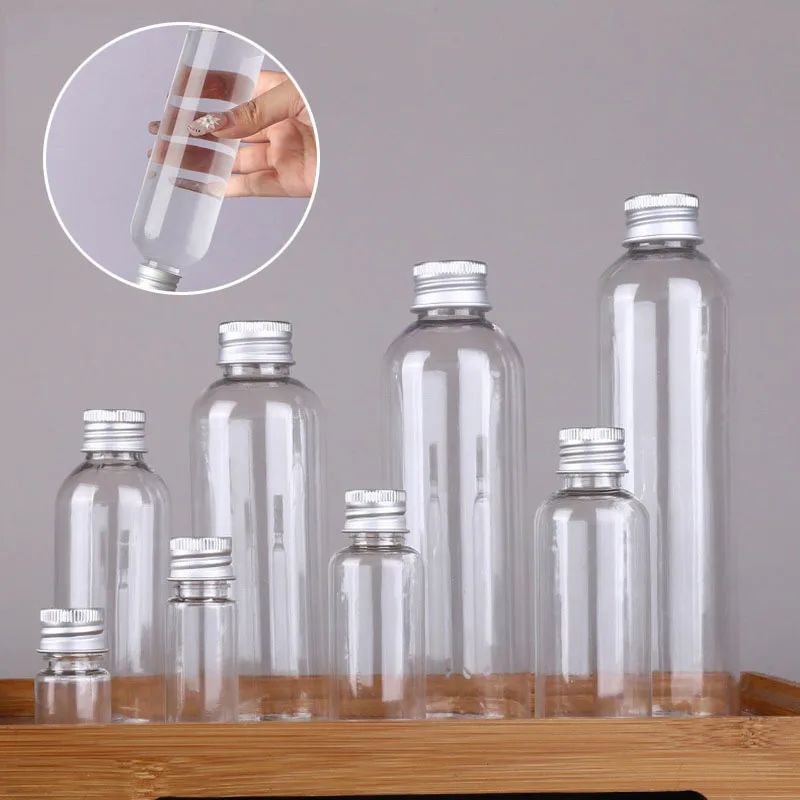 10 Uds. Botellas de plástico PET transparentes vacías de 5-500ml con tapa de aluminio para cremas y lociones, viales portátiles, envases cosméticos de viaje