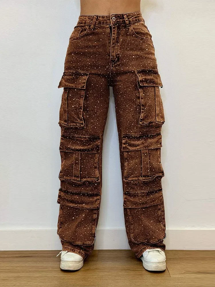

Women's High Waist Cargo Denim Jeans with Full Rhinestones Sparkling Casual Baggy Pants Streetwear Chic Daily Trousers