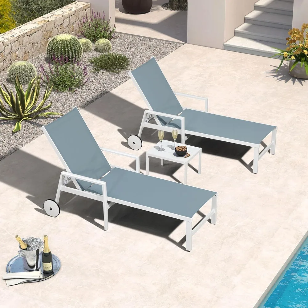 

Lounge Chair Outdoor Set 2 Pieces White Aluminum Chaise Lounge with Armrest and Wheels for Pool Deck Patio, Lounge Chair