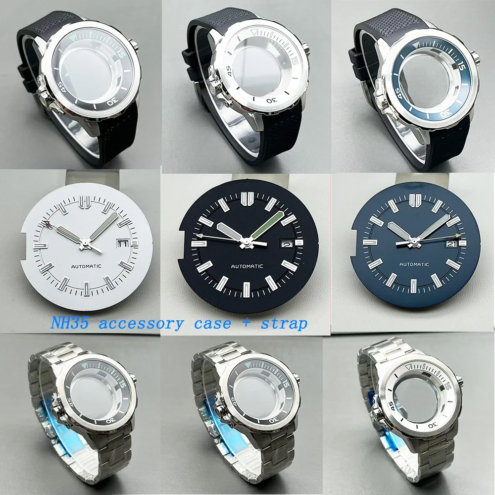 47mm Stainless Steel Rotating Black Dial, Compatible with NH35 Movement, Blue Silver Strap, Steel Bracelet and Other Men's Watch