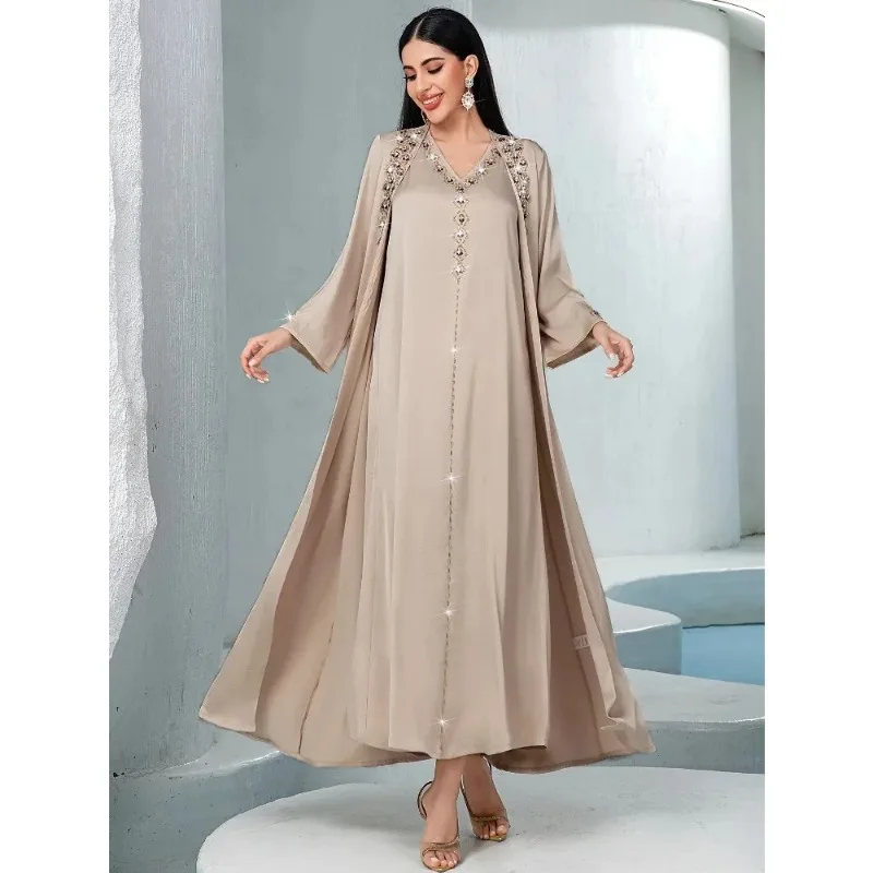Muzułmańska sukienka damska Hijab 2-częściowy zestaw Eid Lantern Sleeve Maxi Long Dress Islamska odzież Caftan Kimono Big Swing Abaya Dresses — zdjęcie 4