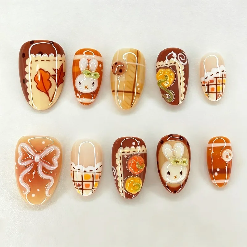 24PCS Autumn Brwon Plaid French False Nails Cute 3D Rabbit Bow Maple Leaves Almond Press on Fake Nails Full Cover Wearable Tips