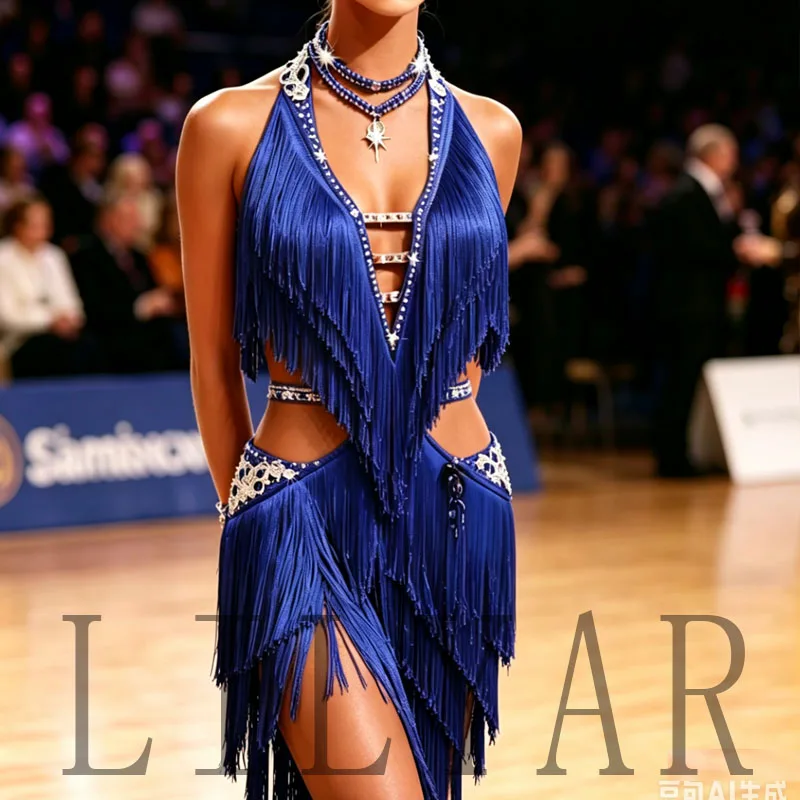 Customized Latin Dancewear Competition Art Exam Flower Dress Grading Lace Sparkling Diamond Women's Tassel Slant Skirt