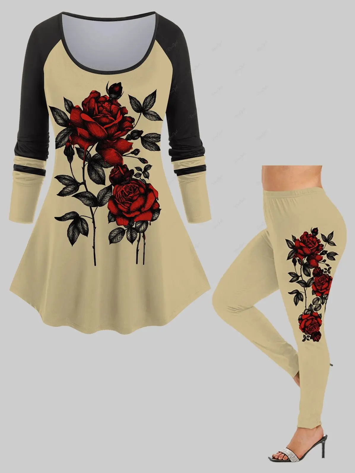 Plus Size damskie codzienne pasujący zestaw kwiaty róży z kolorowym blokiem 3D z nadrukiem raglanowym t-shirt lub obcisłe legginsy — zdjęcie 2