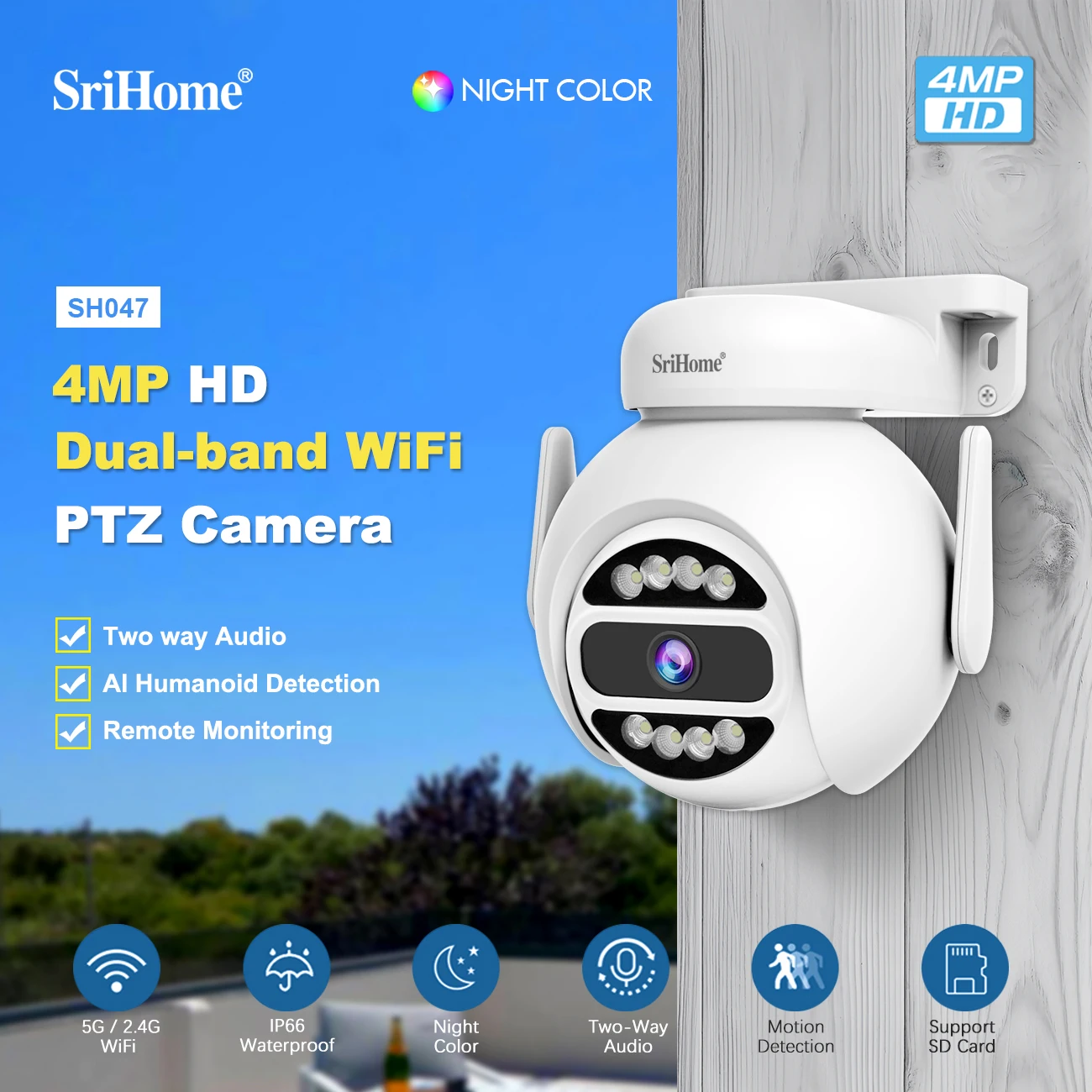 

Srihome SH047 4MP UHD 5G Dual Band WIFI Full Color PTZ IP Dome Camera AI Humanoid Home Security CCTV Intercom Baby Monitor