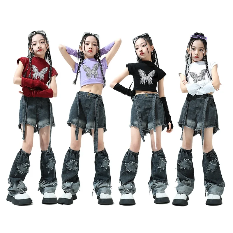 Girls Hip Hop Crop Top Oversleeve Ripped Street Dance Shorts Child Sweet T-shirts Streetwear Jeans Clothes Set Kids Jazz Costume