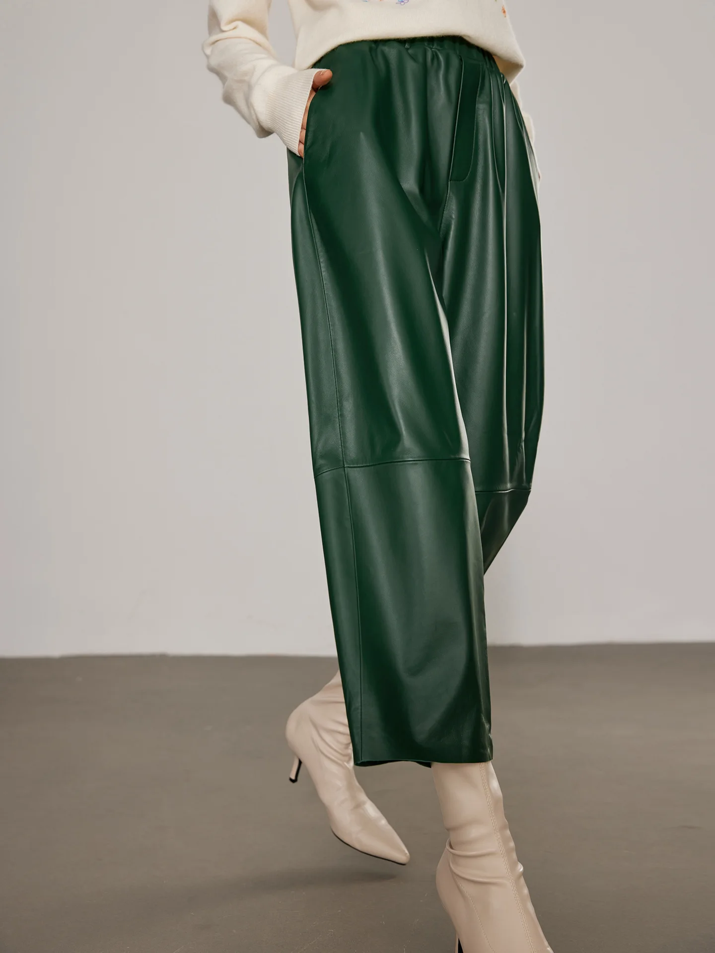 

Women's Leather Pants, Ankle Length, Genuine Sheepskin Pants, Wide Leg Haren Pants, Elastic Waist, Spring and Autumn