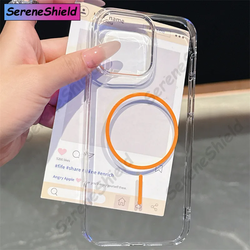 

Luxury Original Colored Magnetic Coil Wireless Charging Case for iPhone 12 13 14 15 16 Pro Max Plus Clear Back Cover Accessory