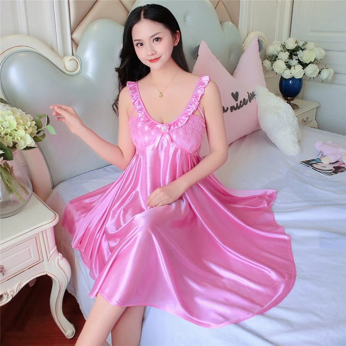 Ladies Sexy Silk Satin Night Dress Sleeveless Floral Nighties V-neck Nightgown Nightdress Lace Sleepwear Nightwear For Women