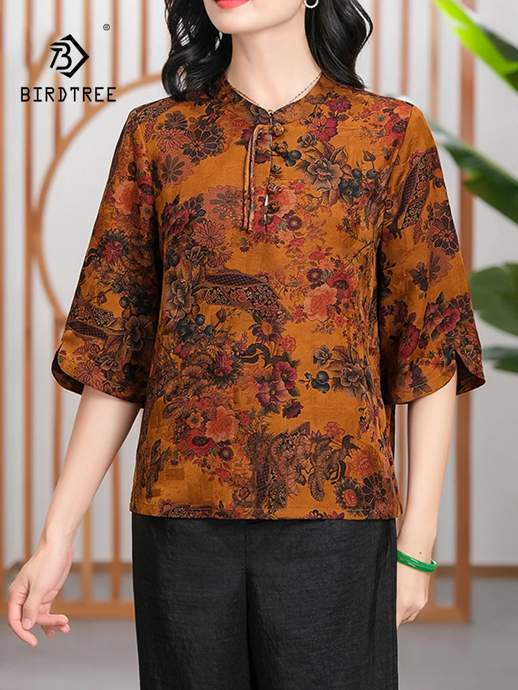 

BirdTree, 100%Real Silk Watered Gauze Retro Shirt, Women Half Sleeve Printed, Loose Casual Mom Blouses, 2024 Summer New T44898QC