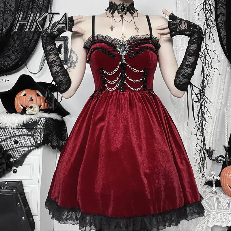 

Goth Dark Punk Y2k Clothes Women Chain Lace Suspender Dress Girls Lolita Halloween Cosplay Waist Slimming Red Dress Feminino