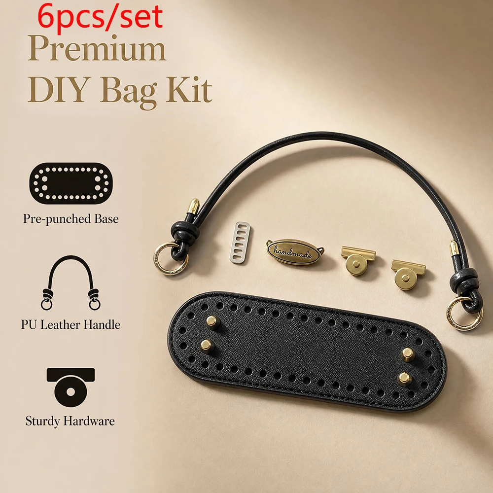6Pcs/Set DIY Handmade Bag Base with Pu Handle Hardware Accessories and Label Set for Crochet Bucket Bags, Self-Made Small Handbags, and Modification of Old Bag Parts Replacement Kit