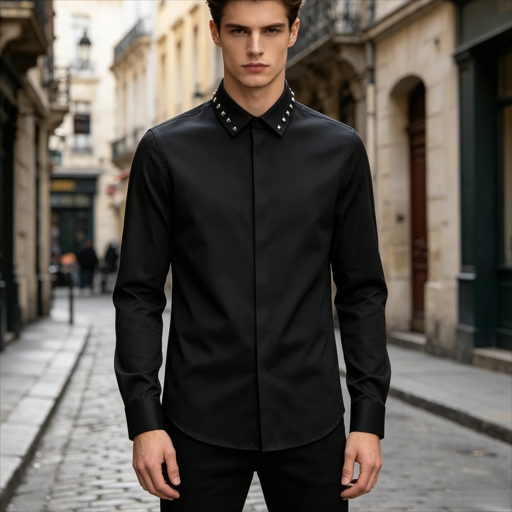 

Luxury Handmade Rivets Men Shirt Long Sleeve Casual Business Social Shirts Man Banquet Party Tuxedo Stage Performance Costumes