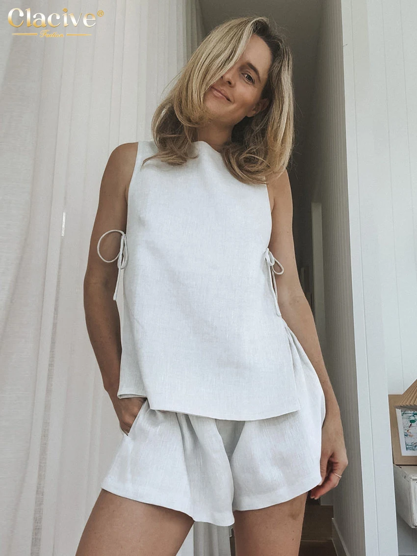 

Clacive Summer Loose White Cotton 2 Piece Sets Woman Outfit 2025 Casual Sleeveless Tank Top With High Waist Shorts Set Female