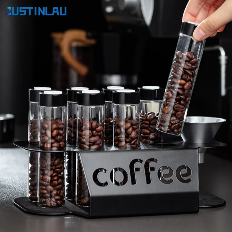 JUSTINLAU Coffee Bean Storage Display Rack Single Dose Aroma Vial Clear Glass Test Tube Canister with One-way Degassing Valve