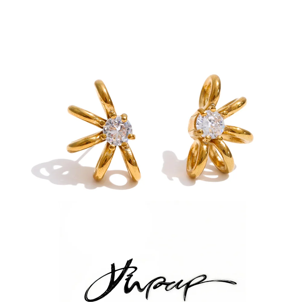 Yhpup Stainless Steel Zirconia Geometric Aesthetic Stud Earrings High Quality Dainty Trendy Gold Color PVD Jewelry Waterproof
