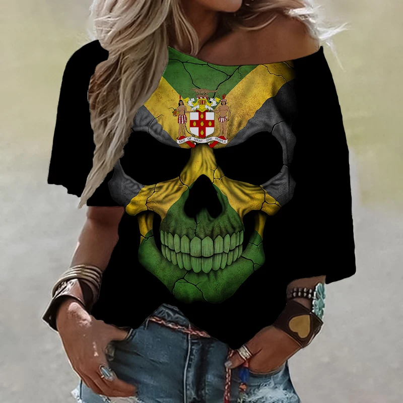Fashion 3D Jamaica Flag Print Tops Shirt Summer Girl Off Shoulder T Shirt WoMen's Personalized Funny T-shirt