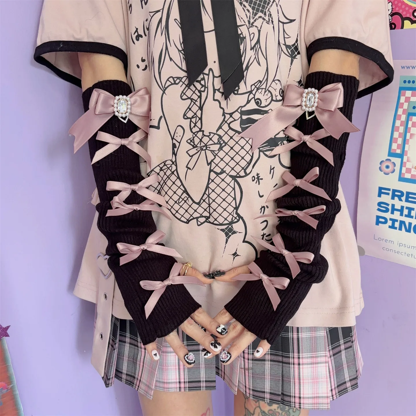Japanese Subculture Y2K Women's Fingerless Gloves Female Kawaii Knitted Harajuku Arm Cover Sweet Lolita Bow Hand Sleeve Cover