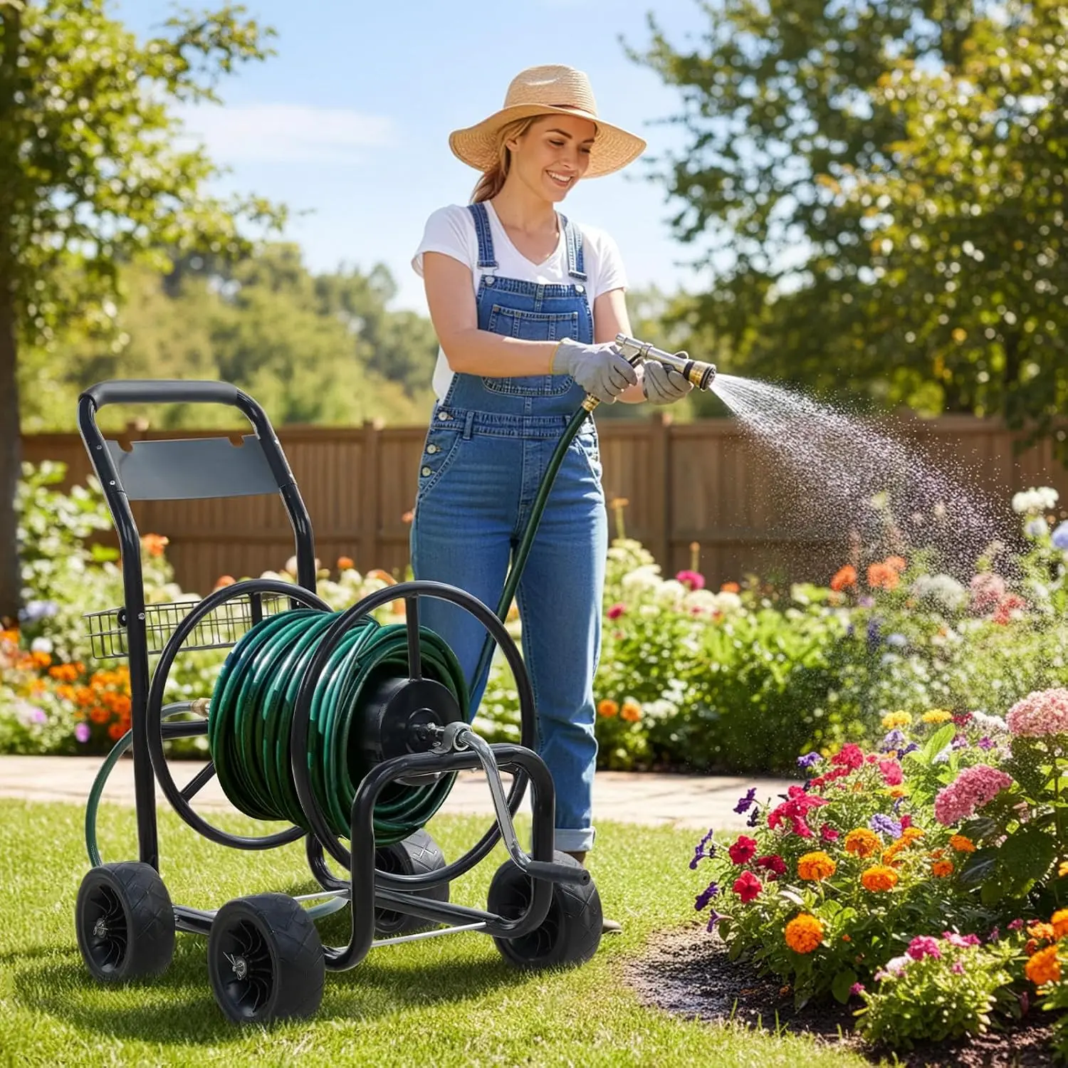 Portable Garden Hose Reel Cart with 4 Wheels and Storage Basket, Residential Lawn Watering Cart for Backyard, Garden and Farm Use
