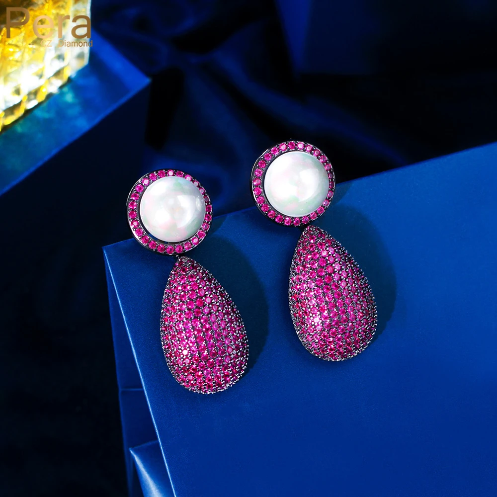 

Женские серьги-подвески с жемчугом Pera Preciuous, черные, золотые, красные, с фианитами, двойной дизайн ношения, длинные, ювелирные изделия для вечернего платья, E1000