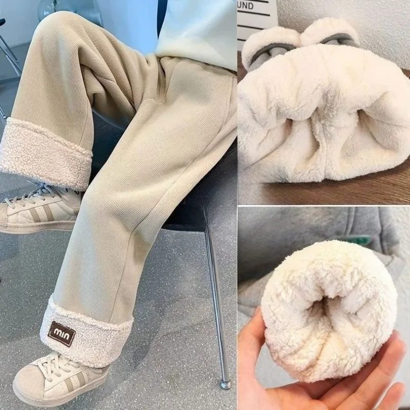 

2025 Girls' Pants with Velvet Autumn and Winter New Style Children's Lamb Velvet Thickened Wide Leg Pants Girls' Corduroy Pants