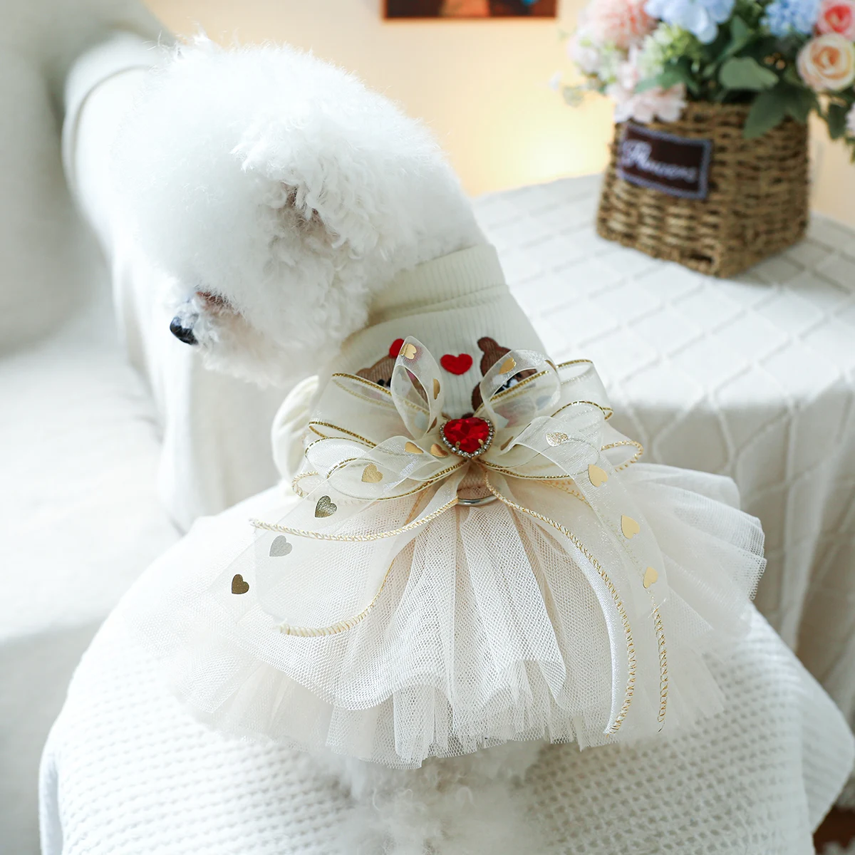 1PC Pet Clothing Spring and Autumn Beige Wedding Little Bear Princess Dress Suitable for Small and Medium sized Dogs