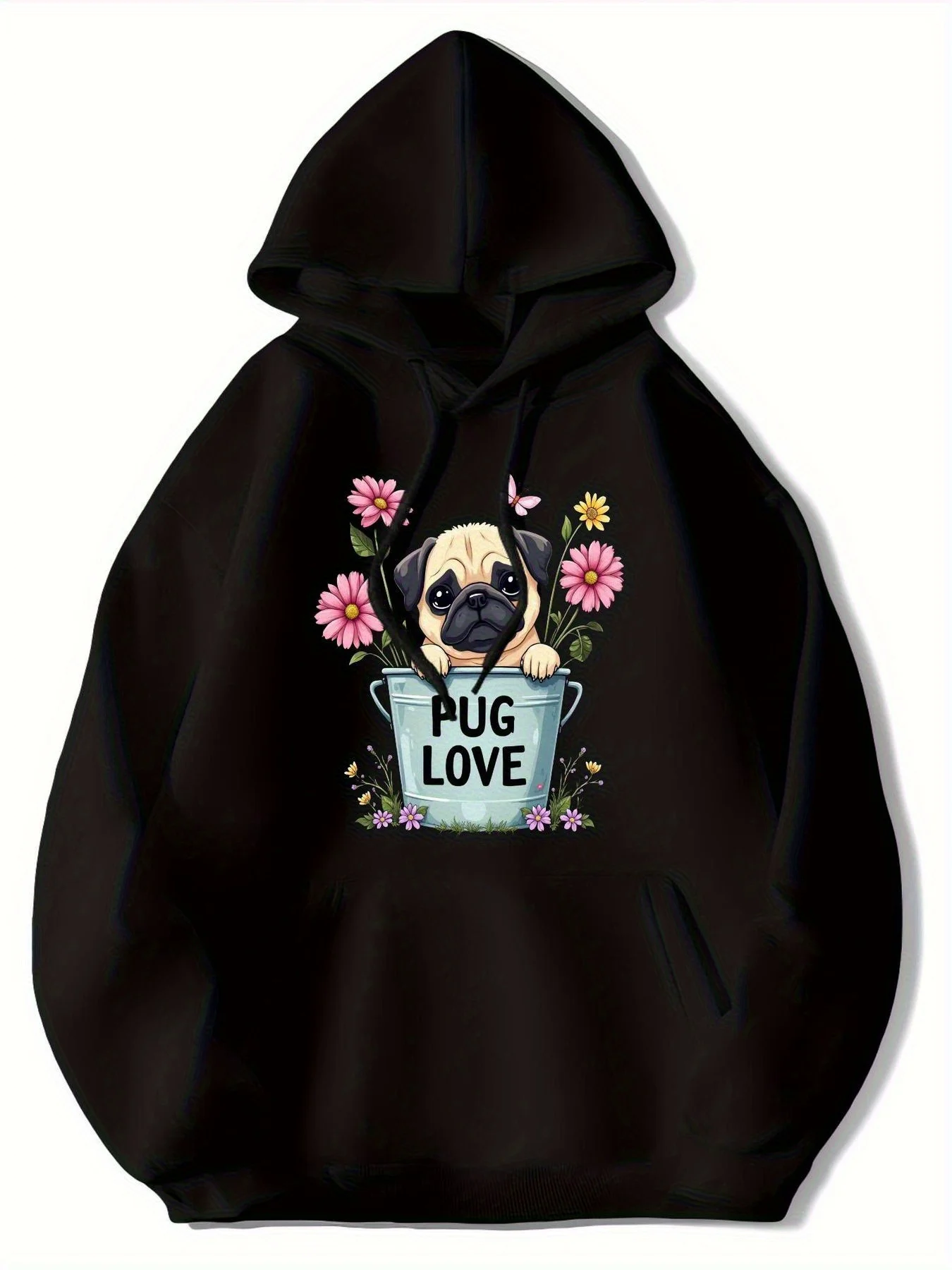 

Men's Pug Heart Hoodie - with floral bucket and paw print pattern, soft and comfortable pullover for all seasons