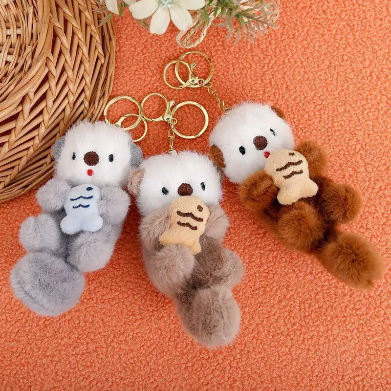 Size 15cm Plush Otters Holding Fish Keychain Fashion Backpack Animal Keyrings Bag Key Wallet Pendant Toy Girls Gift