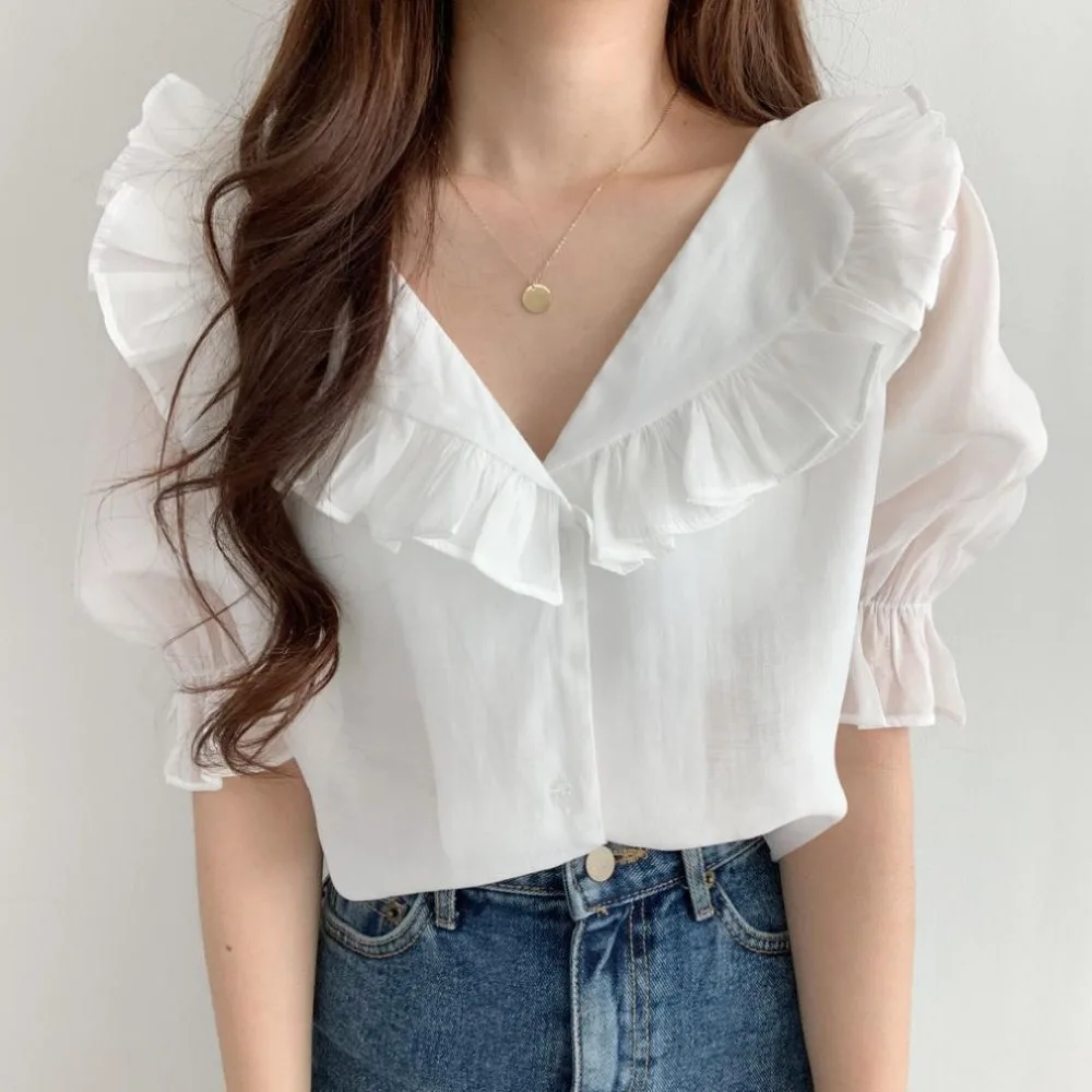 Thin Style Delicate Women Design Texture v neck Shirt 2024 Female New Shoulder Small Lotus Leaf Edge sweet Chiffon Blouse tops