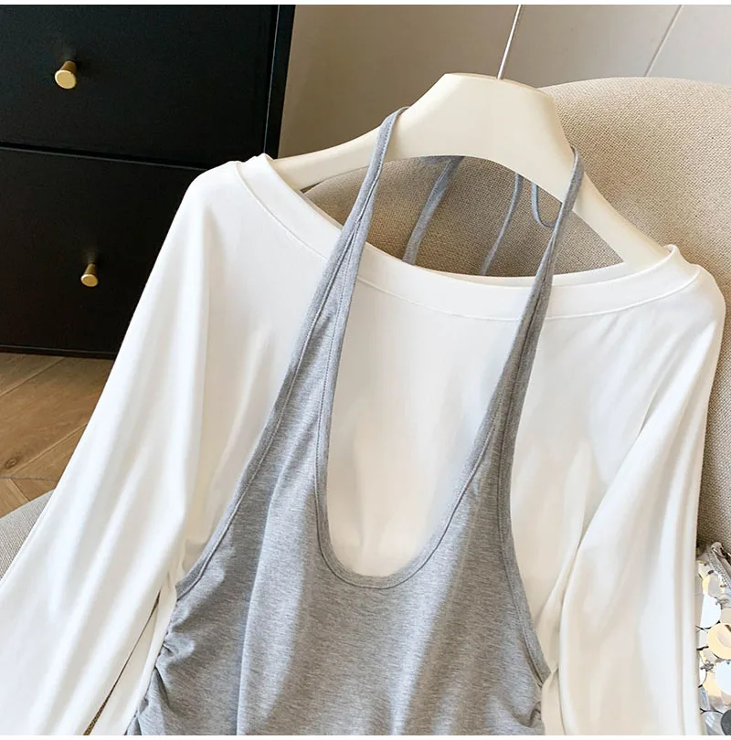 Camicie da donna coreane finte in due pezzi a maniche lunghe alla moda, tutte abbinate, girocollo autunnali, camicie pullover dal design con lacci slim fit